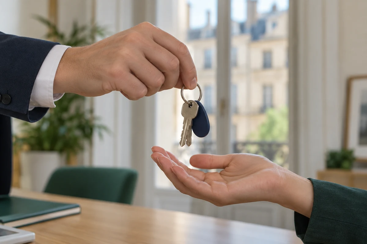 Remise d’un trousseau de clés entre professionnels de l’immobilier